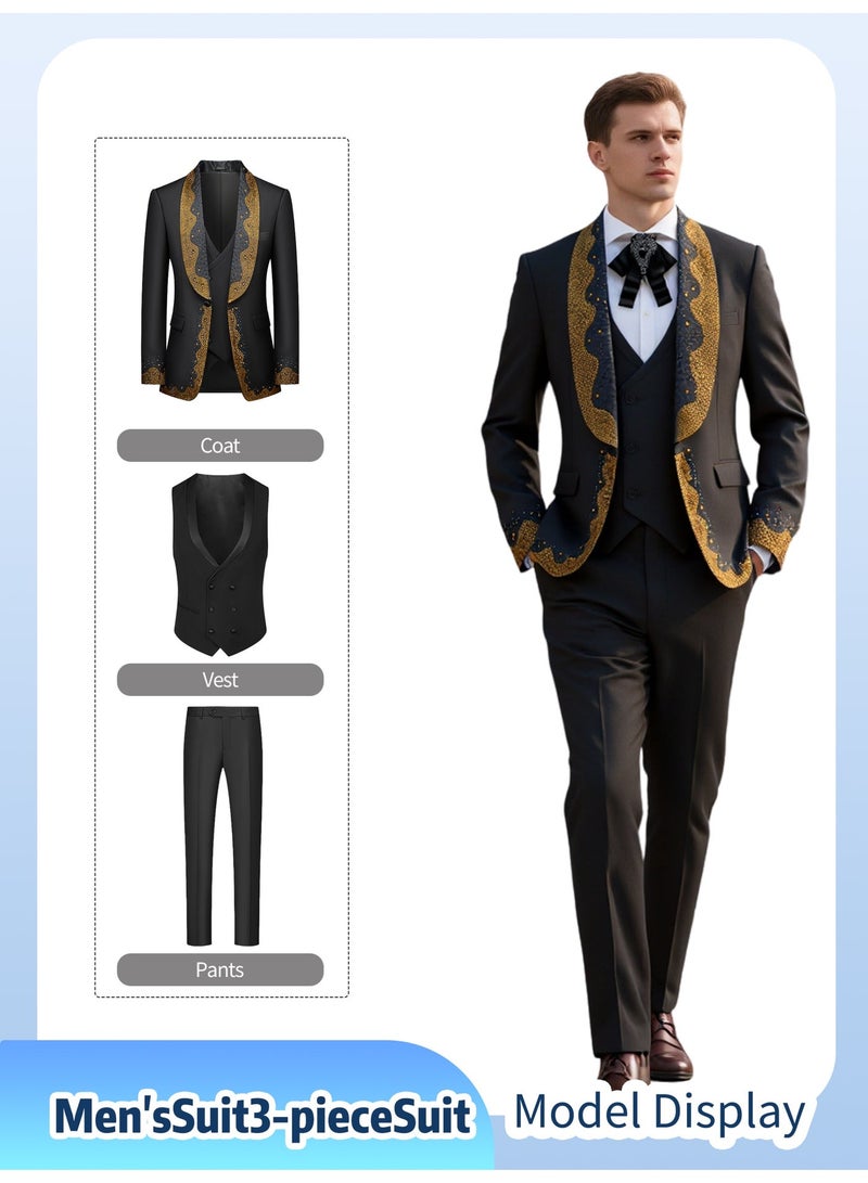 3 Pcs Men Suit Hot-fixed Rhinestone Shawl Collar One Button Flap Pockets for Wedding Party Engagement Men Elegant Outfit - Image 1
